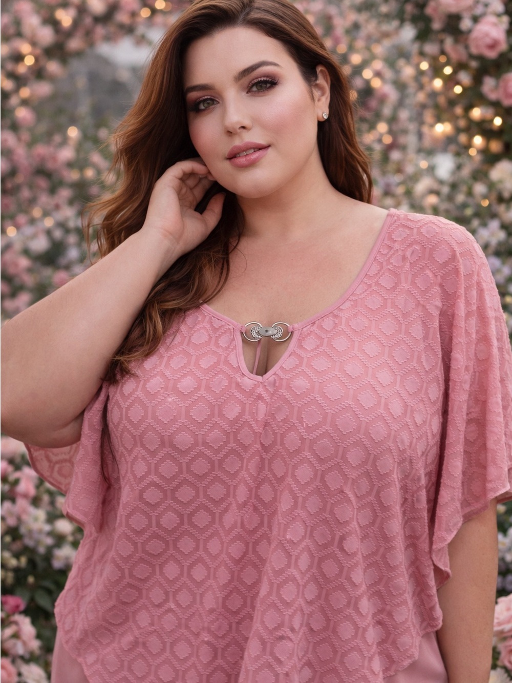 Gorgeous NY Collection Dusty Pink Textured Blouse with Decorative Accent 1X